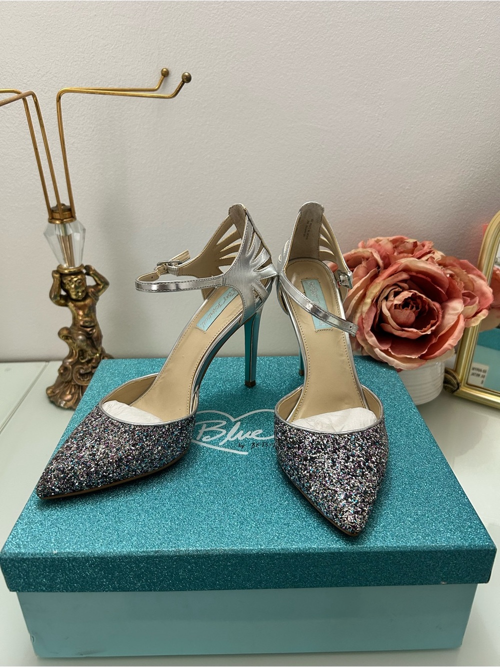 Betsey Johnson Silver Glitter Pointed Toe Ankle Strap Stilettos